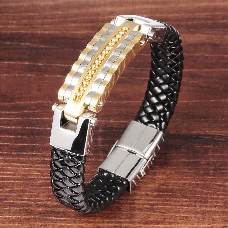 Black Leather Bracelet Men Charm Bangle Stainless Steel
