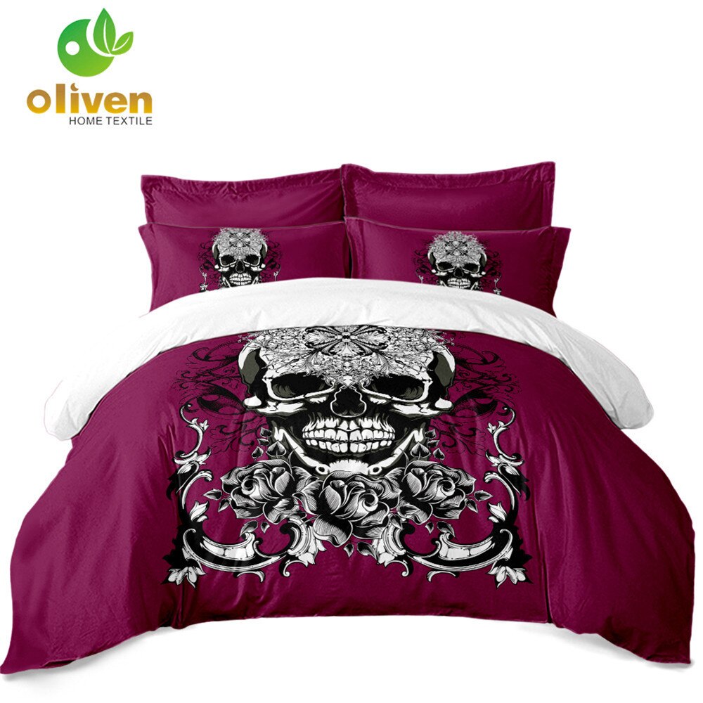 Girls Sugar Skull Bedding Set Red Rose Flowers Print Duvet Cover