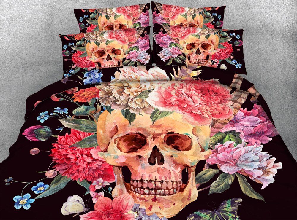 3pcs all kids dark color bedroom set with sugar skull bedding