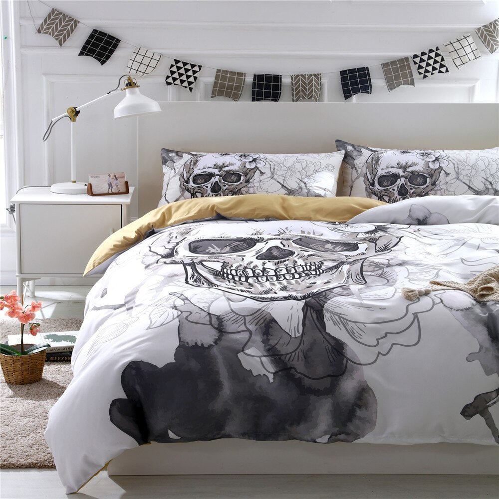 Black And White Skull Duvet Cover With Pillowcases 3D Flowers Print Soft Bed