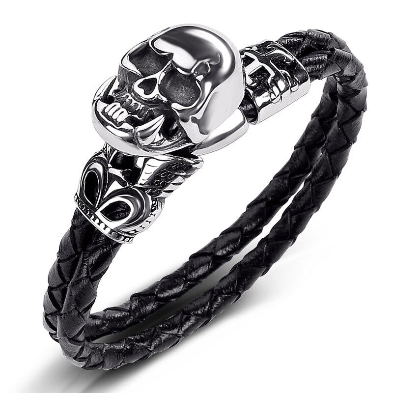 Punk Skull Bracelets Black Braided Multilayer Leather Bracelet