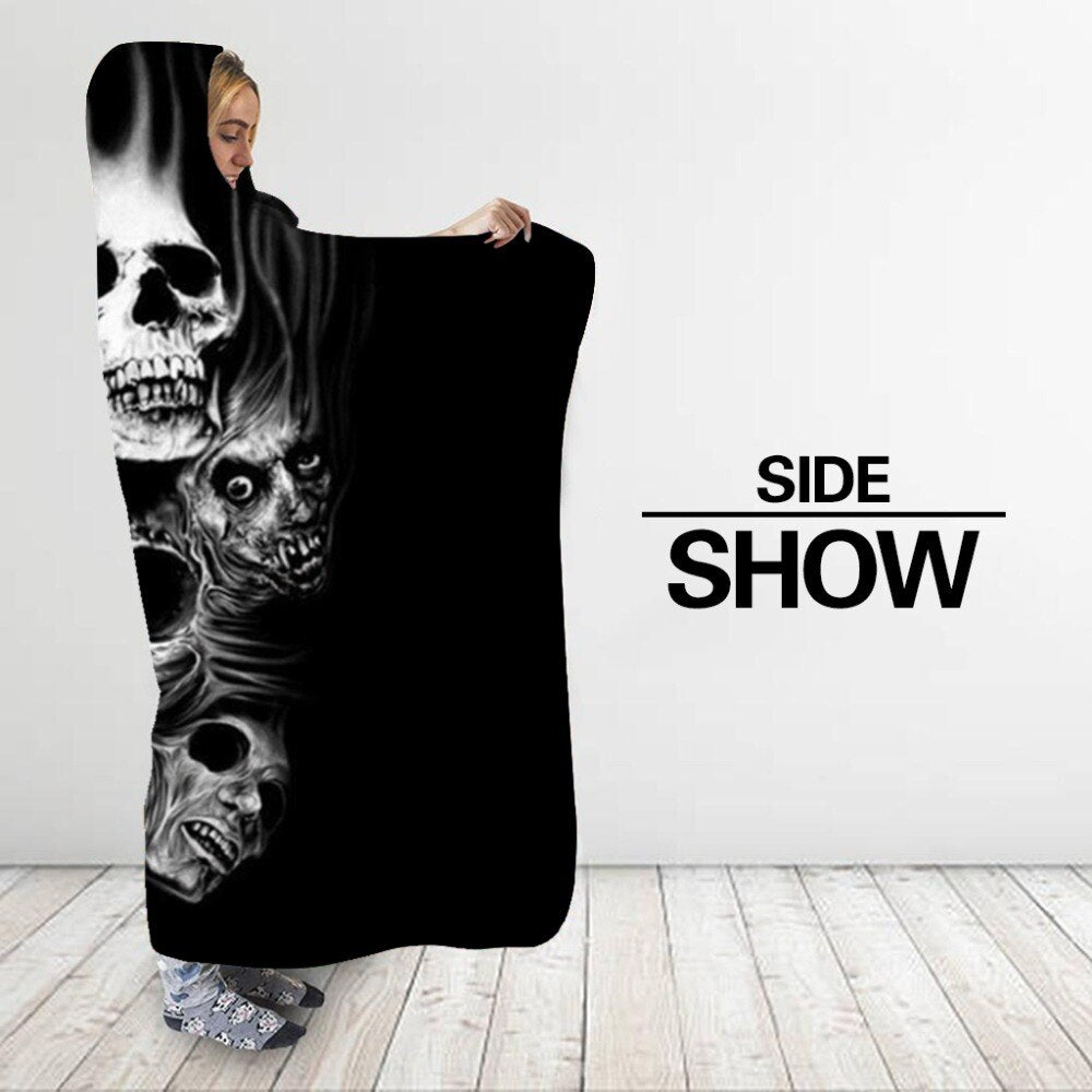 Skulls Hooded Blanket Black Dark Sherpa Fleece Wearable Throw Blanket