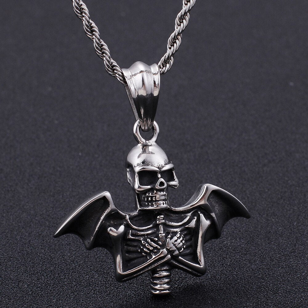 Cool Stainless Steel Men Necklace Bat & Skull Pendant Necklace
