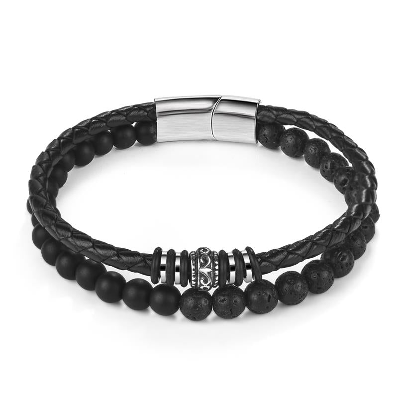 Charm Beads Leather Bracelet For Mens Jewelry Stainless Steel