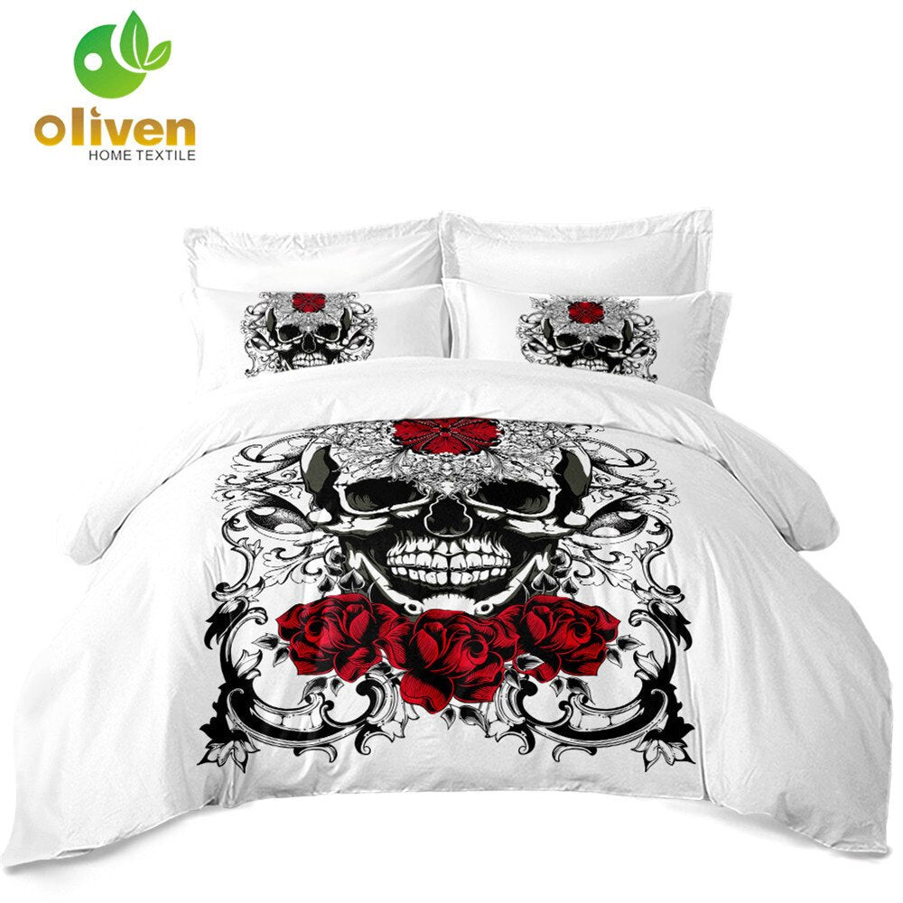 Girls Sugar Skull Bedding Set Red Rose Flowers Print Duvet Cover