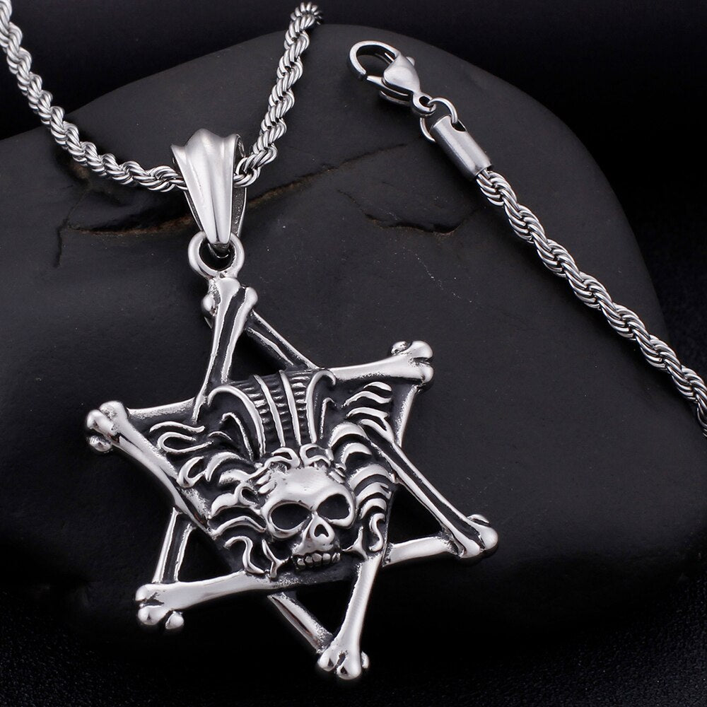Rocker Gothic Skull & Star Necklace Men 60CM Long Chain