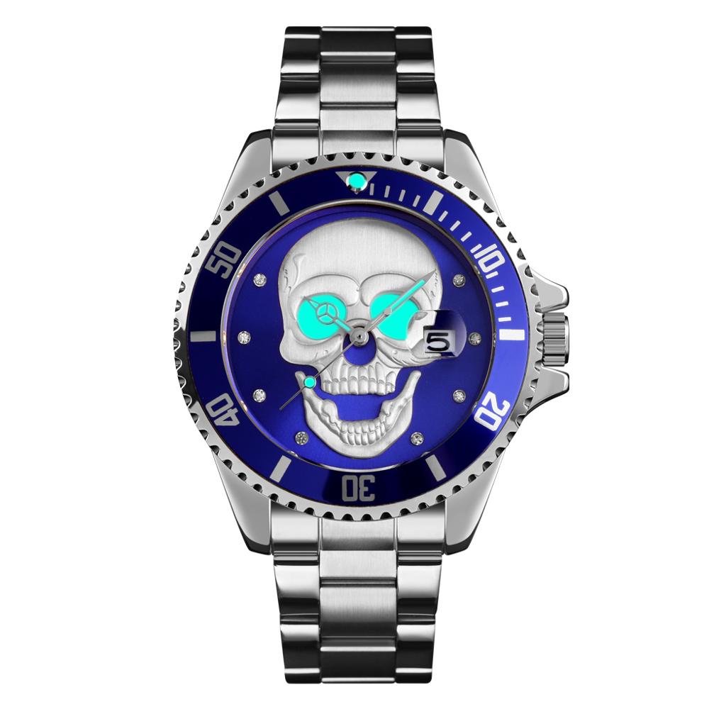 Skull Quartz Watch Men Skeleton Creative Watches Stainless Steel Male Clock Waterproof Wristwatch