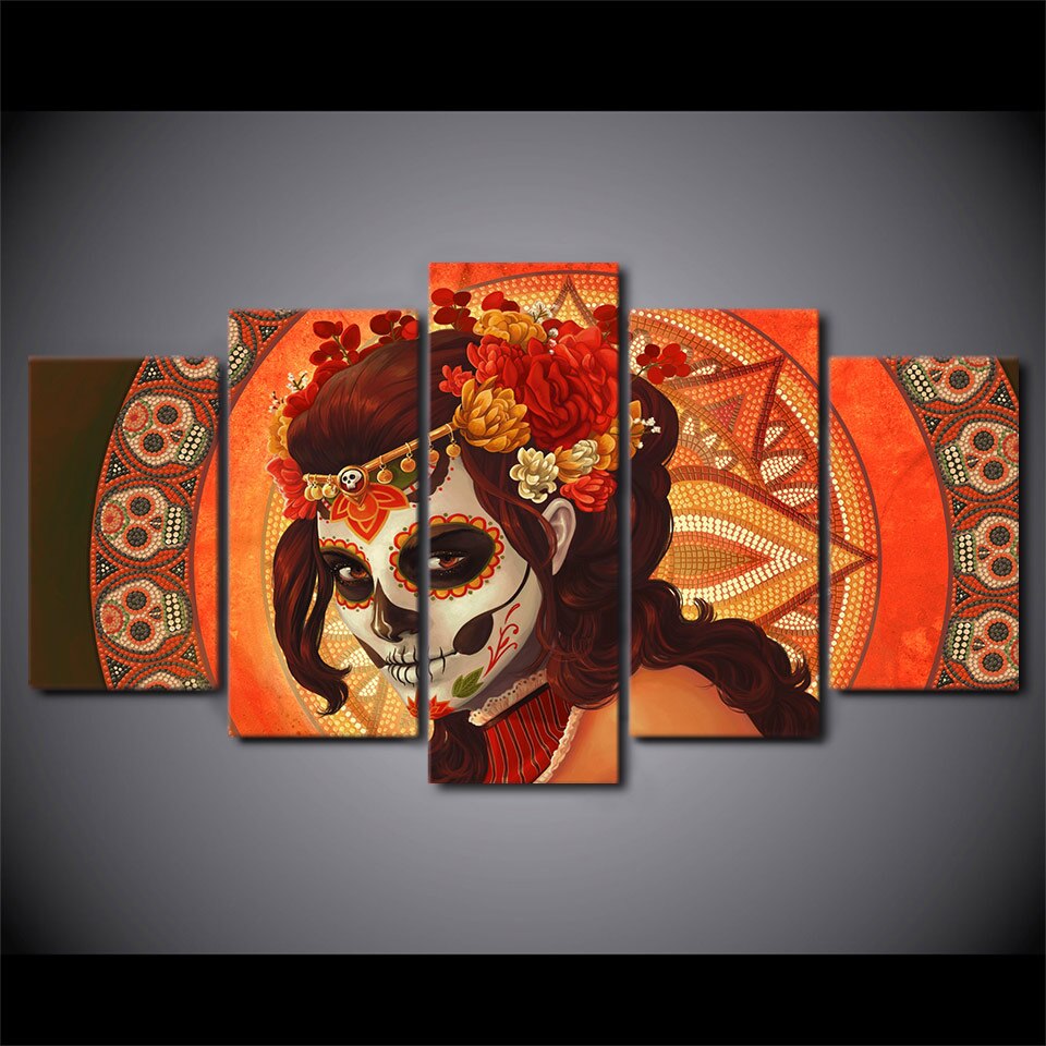 HD 5 piece Canvas Art HD Printed Day of the Dead Face sugar skull