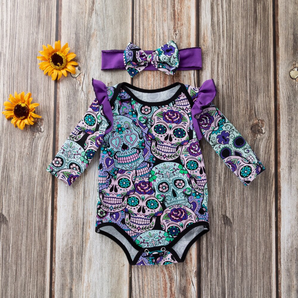 Set of 2 pcs: Baby Girl Boy Bodysuit Long Sleeve Skull Print Newborn Infant Suit & Headband