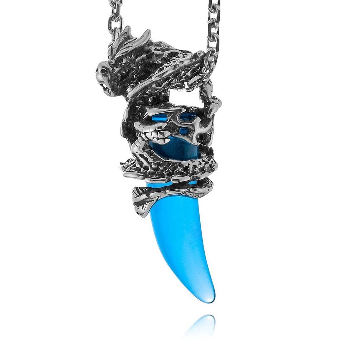 Stainless Steel Pendant Necklace Crystal silver-color Blue Dragon Wolf Tooth Man