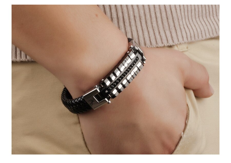 Black Leather Bracelet Men Charm Bangle Stainless Steel