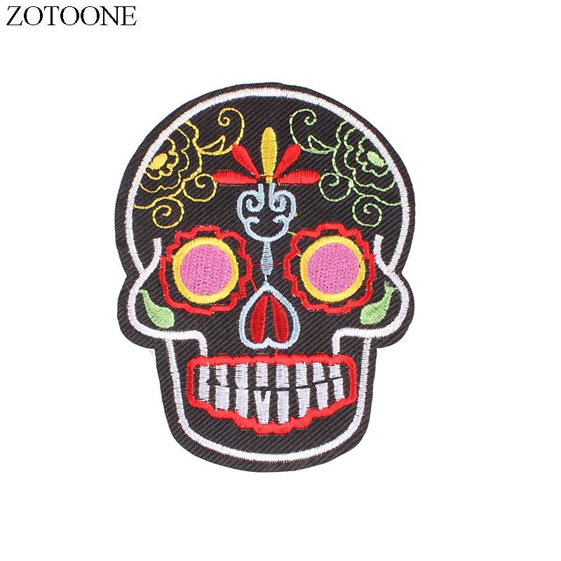 Punk Rock Skull Embroidery Patches For Clothing Flower Rose Skeleton Iron