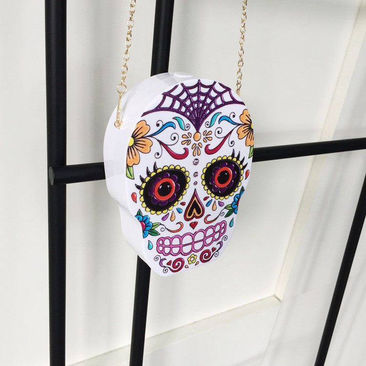 New arrival fashion personality skull pattern painted black & white acrylic Party Clutch shoulder bag ladies handbag flap purse