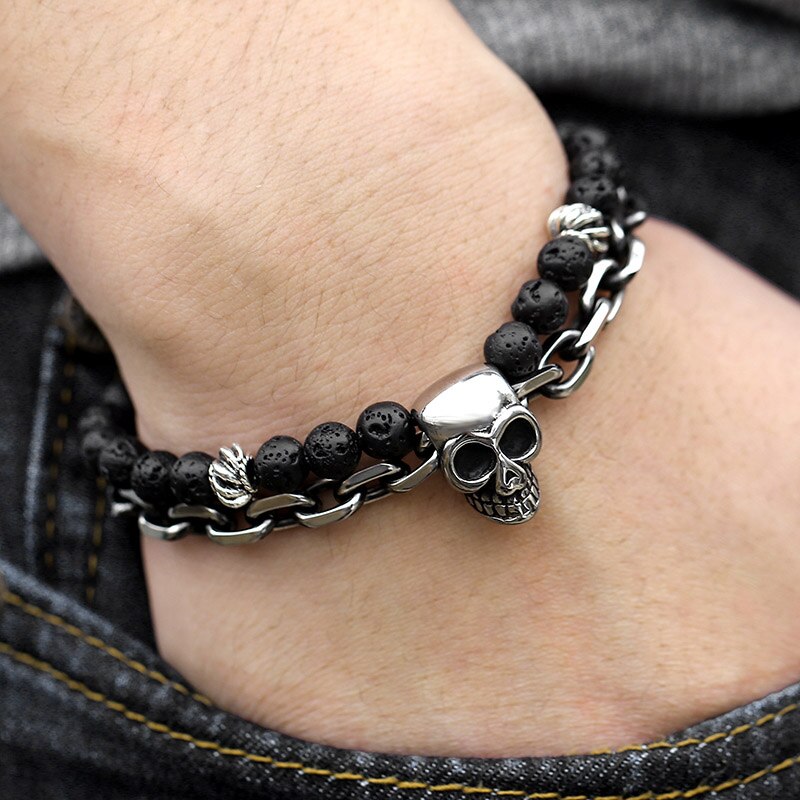 Skull Charm Bracelets for Men Stainless Steel Double Layered Wheat Link Black L