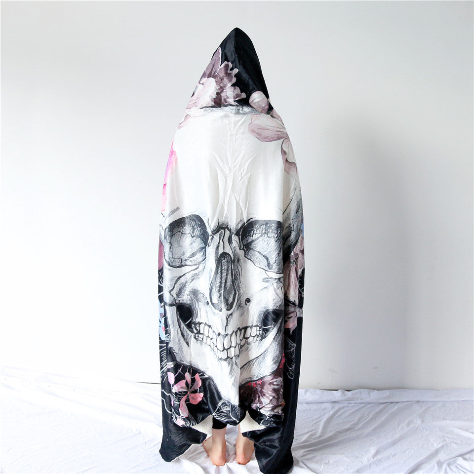 Sugar Skull Flower Hooded Blanket for Adults Floral Gothic Sherpa Fleece Wearable Throw Blanket Microfiber Black