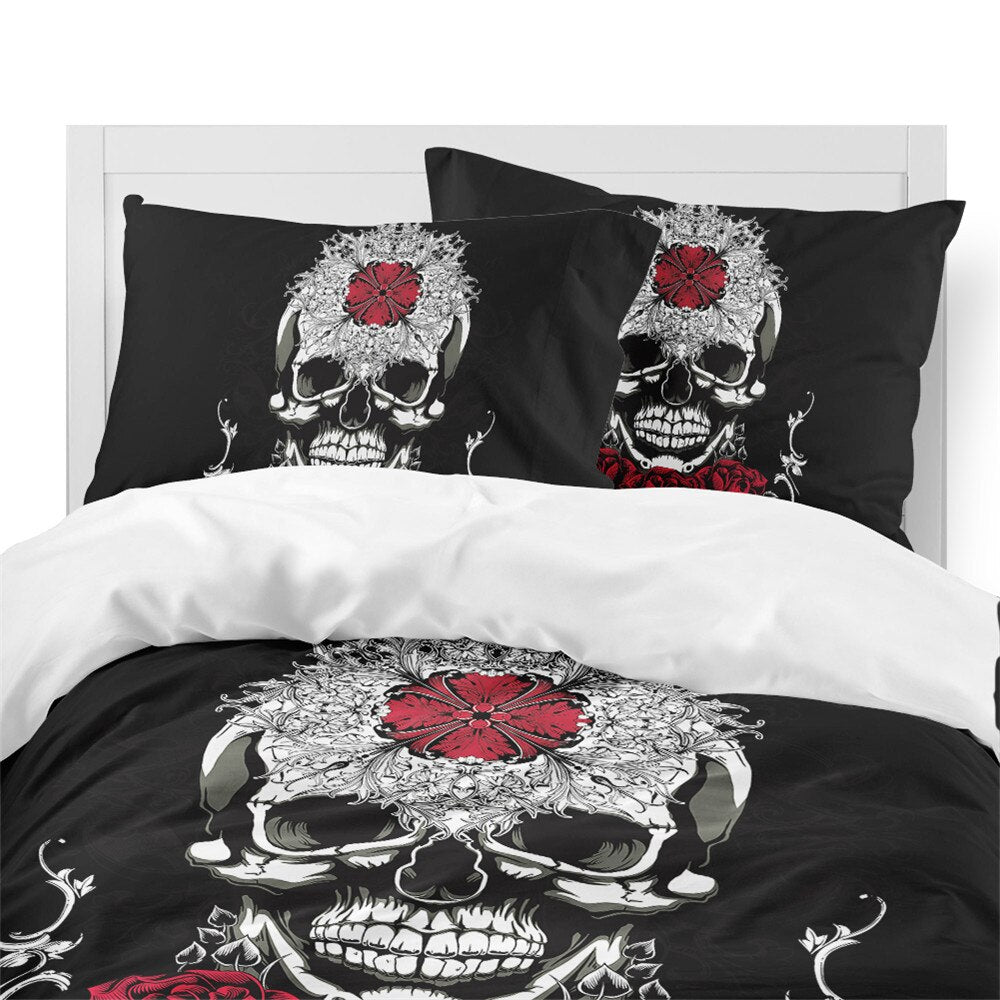 Ladies Sugar Skull Bedding Set Red Flowers Print Duvet Cover