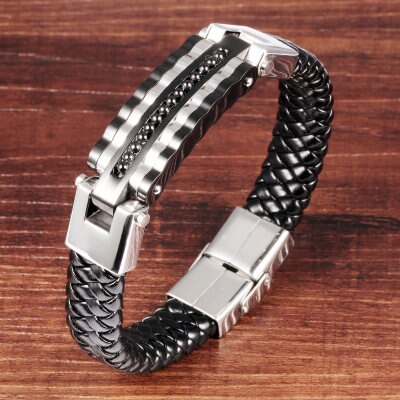 Black Leather Bracelet Men Charm Bangle Stainless Steel