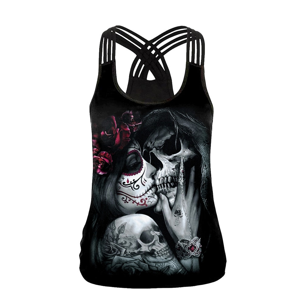 Sexy Women Tank Tops Banshee Mask Rose Printing Sling Top