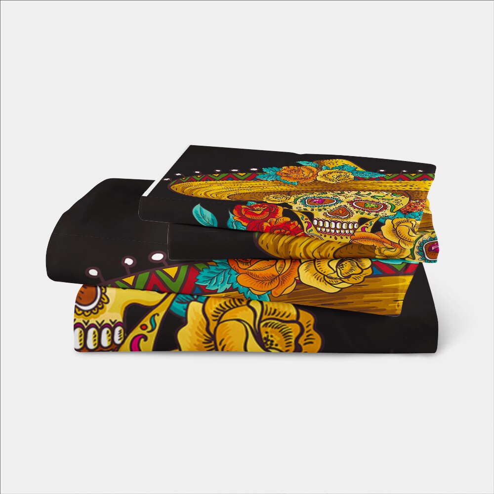 Tribal Sugar Skull Bedding Set Golden Flowers Print Duvet Cover