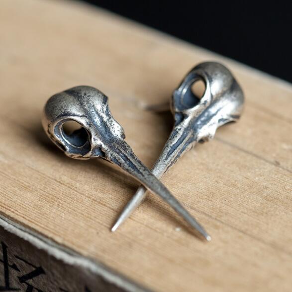 New Gothic Punk Antique Real 925 Sterling Silver Bird Skull Stud Earrings