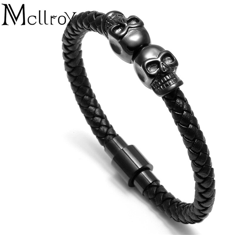 skull bracelet men/Genuine leather/Skeleton/Skull/bracelet homme Black