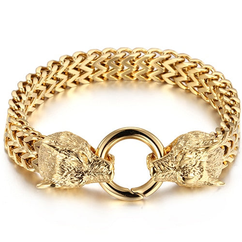 Gold Wolf Lion Head Bracelet Stainless Steel Men's Friendship Bracelets