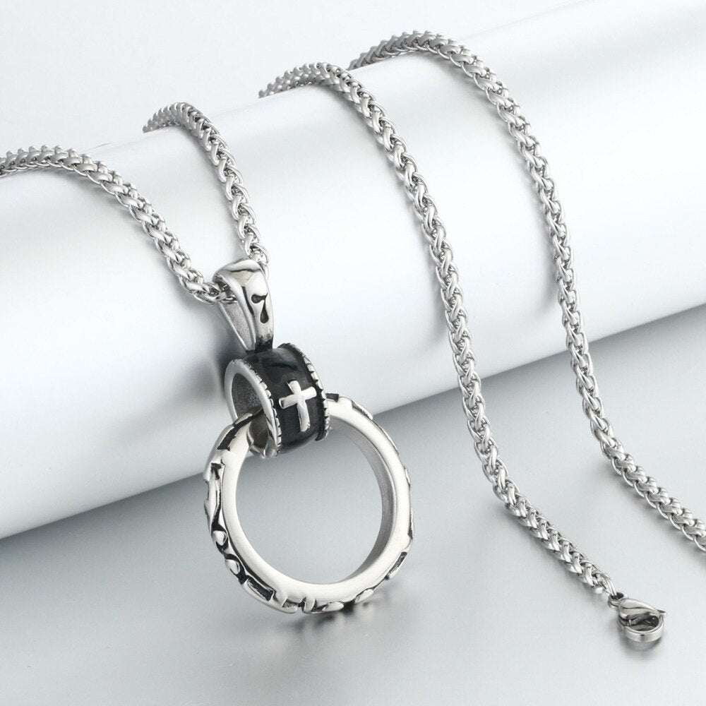 Male Stainless Steel Link Chain Round Circle Cross Pendant Necklace
