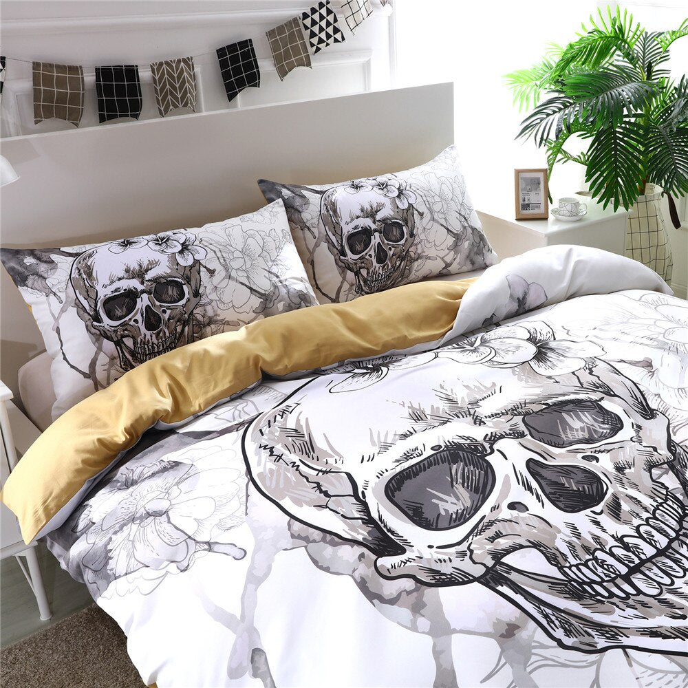 Black And White Skull Duvet Cover With Pillowcases 3D Flowers Print Soft Bed