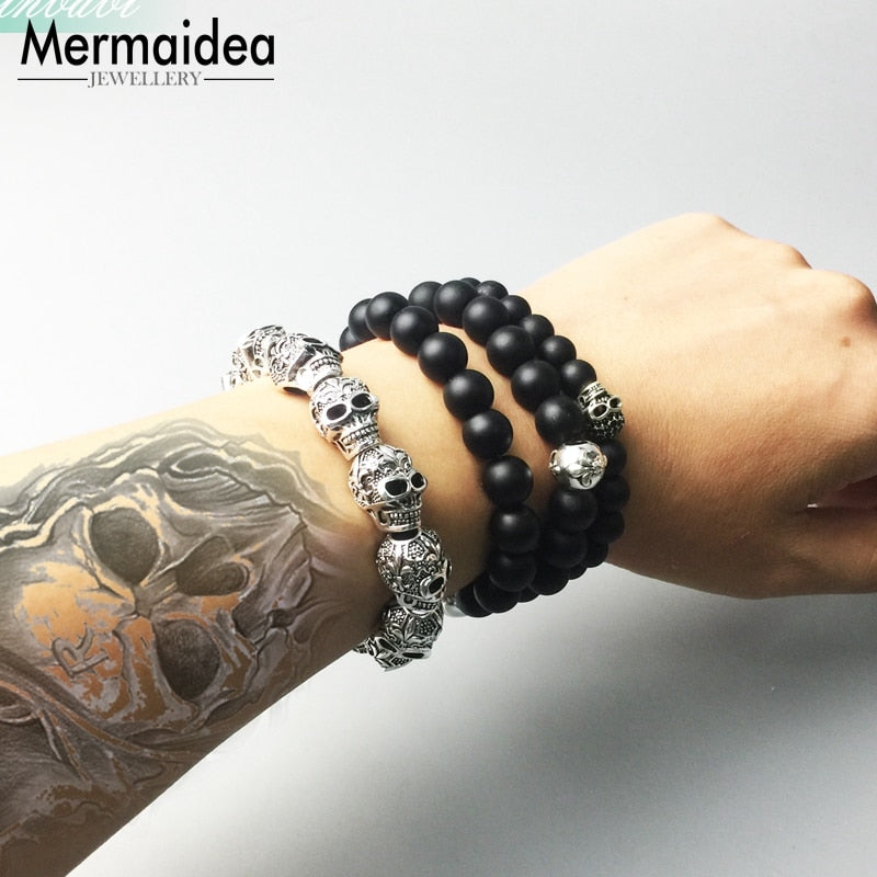 silver plated Fleur-de-lis Lily Skull Punk Bead Elastic Heart Bracelet