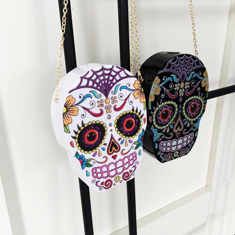 New arrival fashion personality skull pattern painted black & white acrylic Party Clutch shoulder bag ladies handbag flap purse