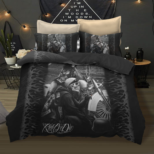 New 3D Black Motorcycle kiss Sugar Skull Printed Duvet Cover