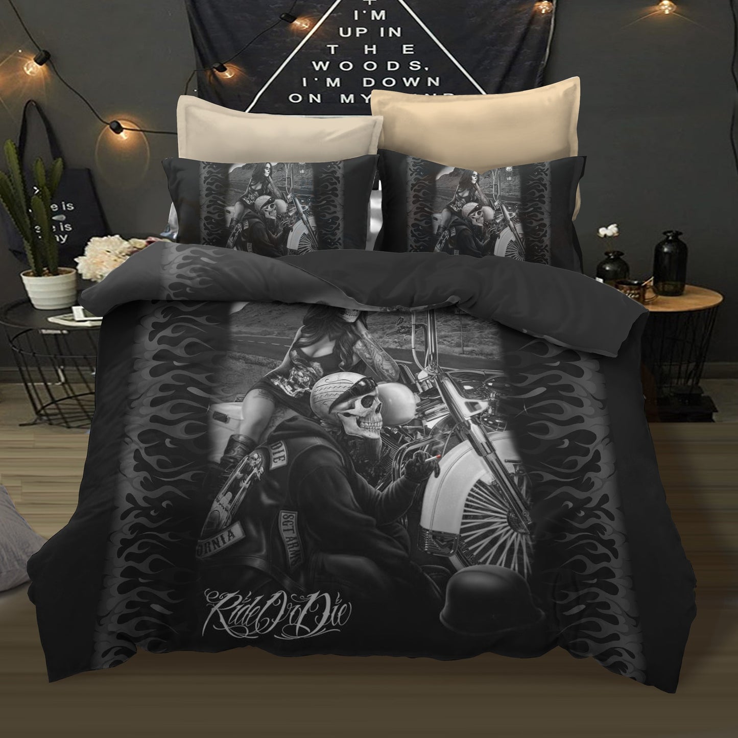 New 3D Black Motorcycle kiss Sugar Skull Printed Duvet Cover