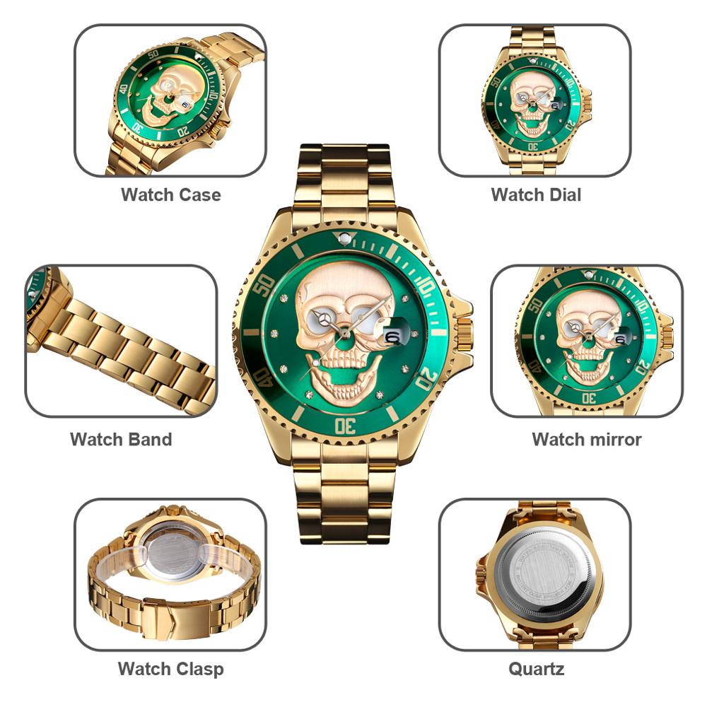 Skull Quartz Watch Men Skeleton Creative Watches Stainless Steel Male Clock Waterproof Wristwatch