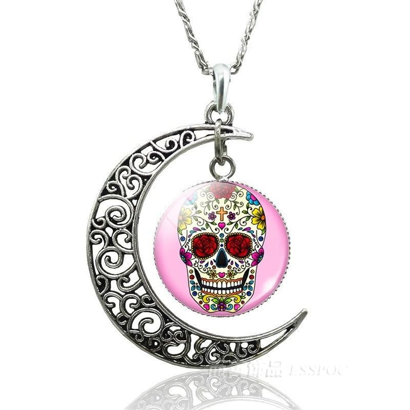 Skull Crescent Moon Necklace Antique Glass Pendant Necklace Sugar Skull Jewelry