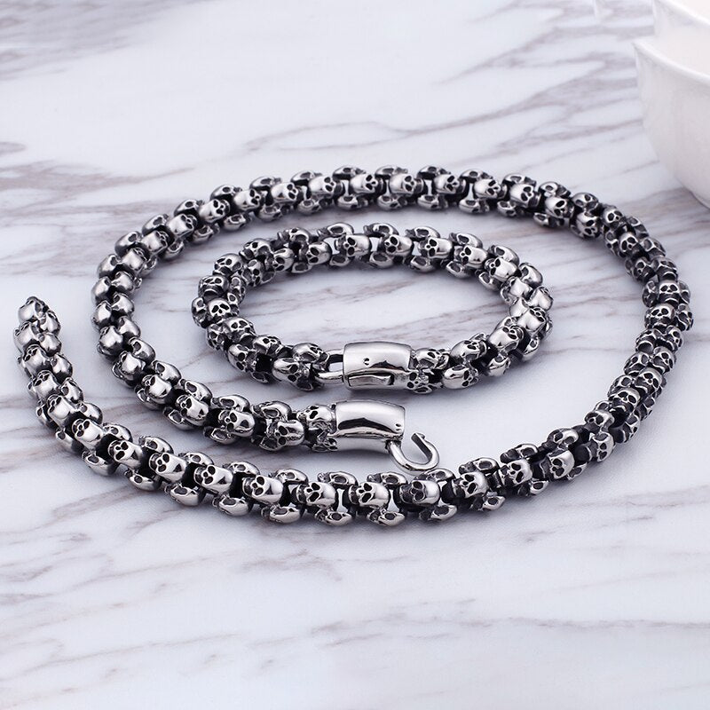 Punk Long Matte Skull Necklace & Bracelets For Men Stainless Steel