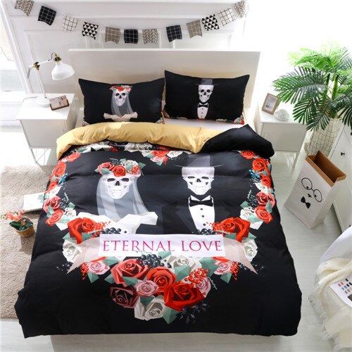 Black And White Skull Duvet Cover With Pillowcases 3D Flowers Print Soft Bed