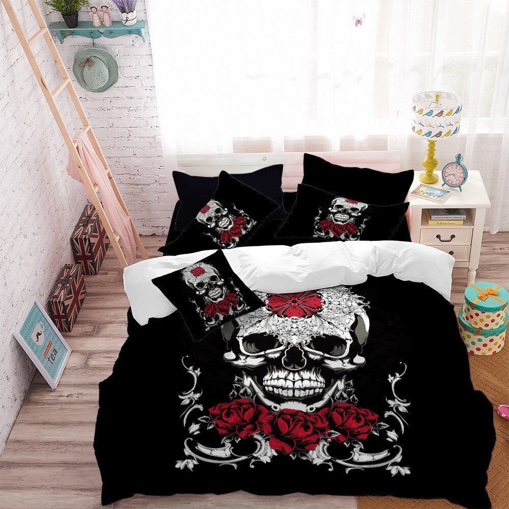 Ladies Sugar Skull Bedding Set Red Flowers Print Duvet Cover