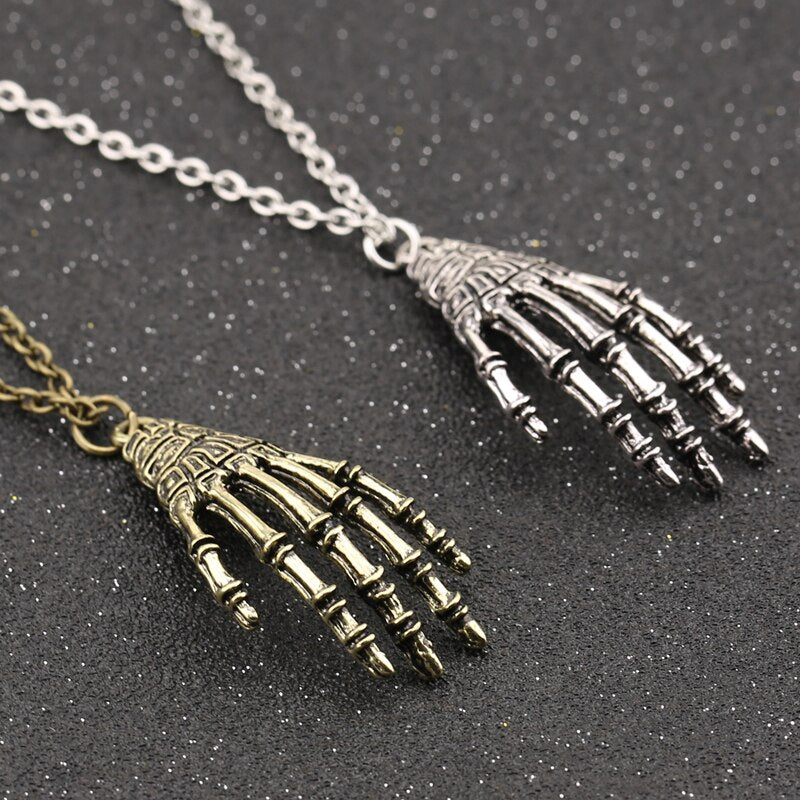 Skull Hand Necklace Skeleton Bone Claw Gothic Punk Vintage Antique Bronze Silver
