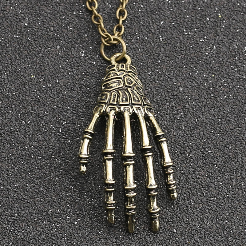 Skull Hand Necklace Skeleton Bone Claw Gothic Punk Vintage Antique Bronze Silver