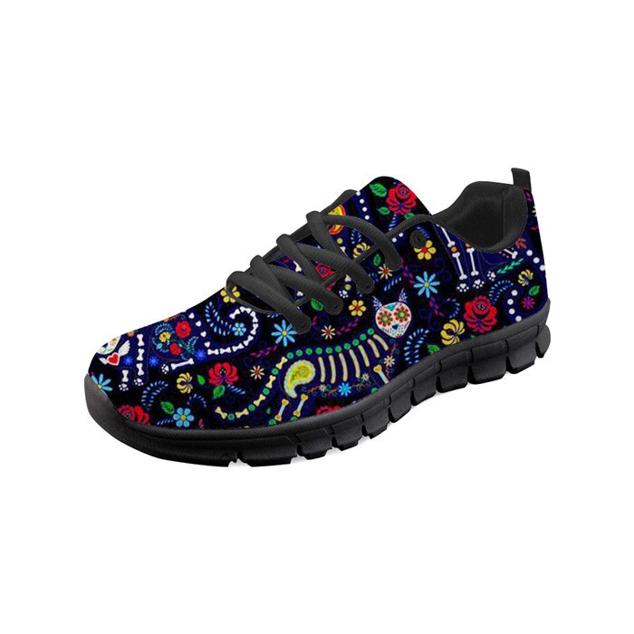 Women Flats Shoes Sugar Skull Calavera Pattern Lace Up Sneakers Running Shoes