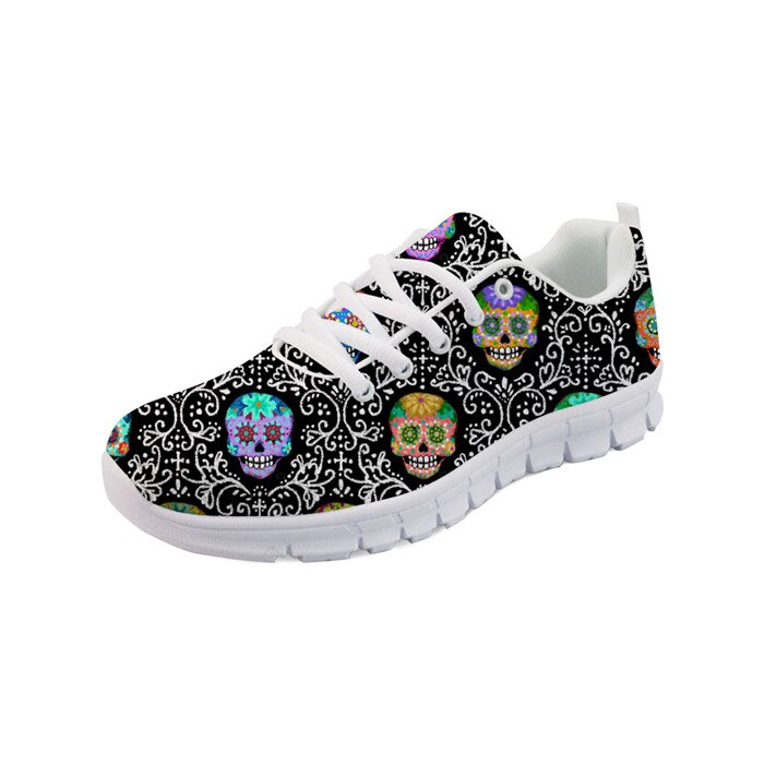Women Flats Shoes Sugar Skull Calavera Pattern Lace Up Sneakers Running Shoes