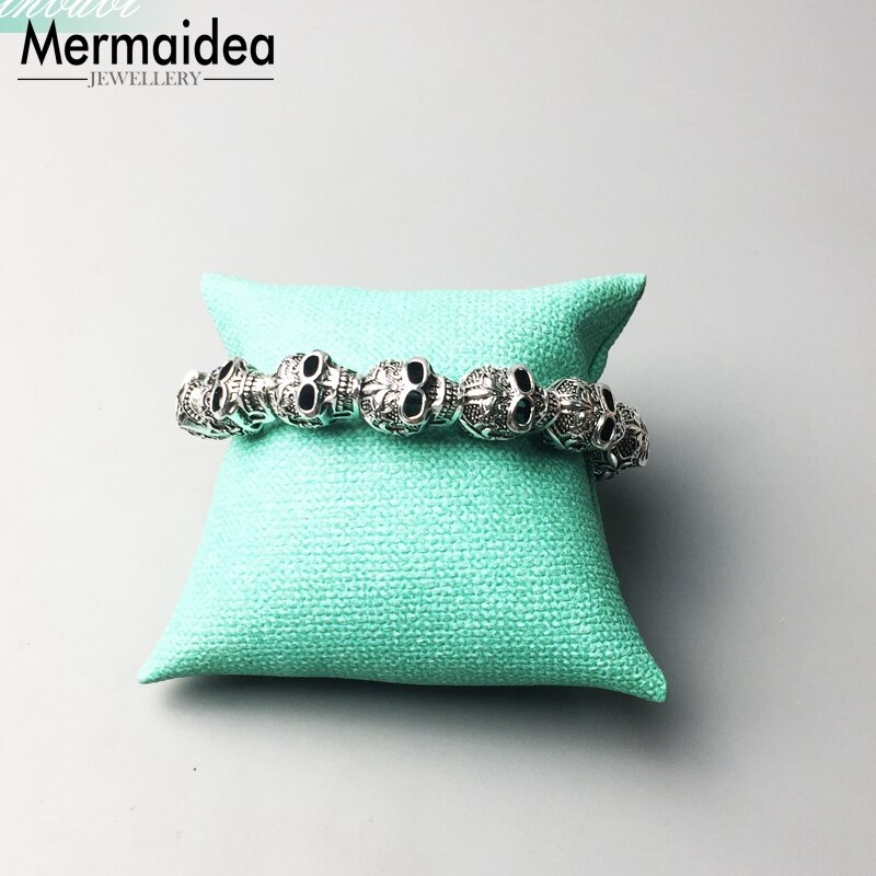 silver plated Fleur-de-lis Lily Skull Punk Bead Elastic Heart Bracelet