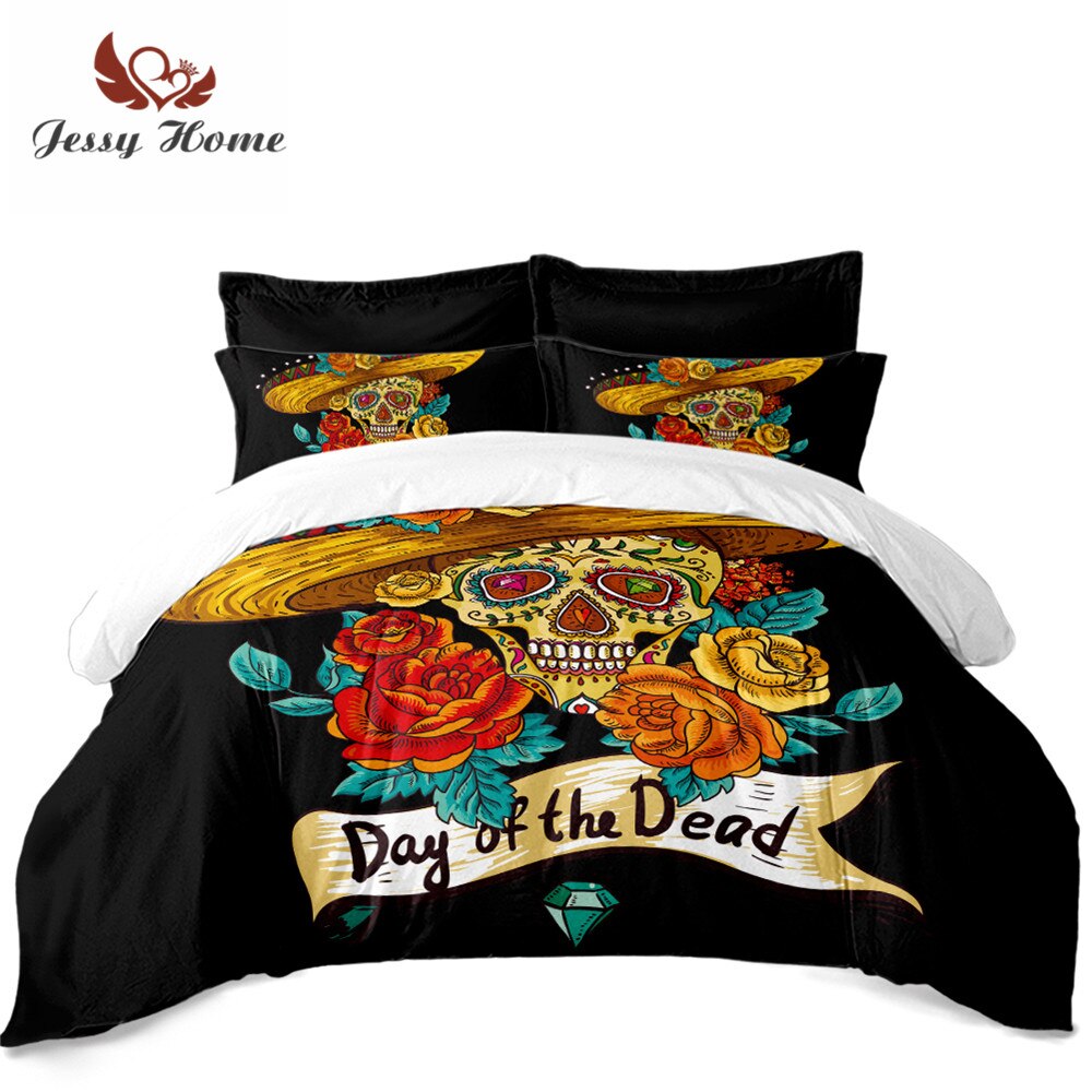 Tribal Sugar Skull Bedding Set Golden Flowers Print Duvet Cover