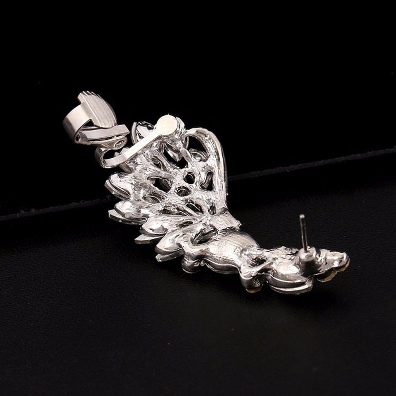 Fashion Popular Women Full Rhinestones Wing Ear Cuff Feather Gold Silver Plated Big Zircon Earcuff Clip Earrings