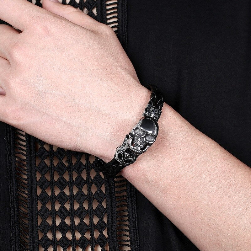 Punk Skull Bracelets Black Braided Multilayer Leather Bracelet