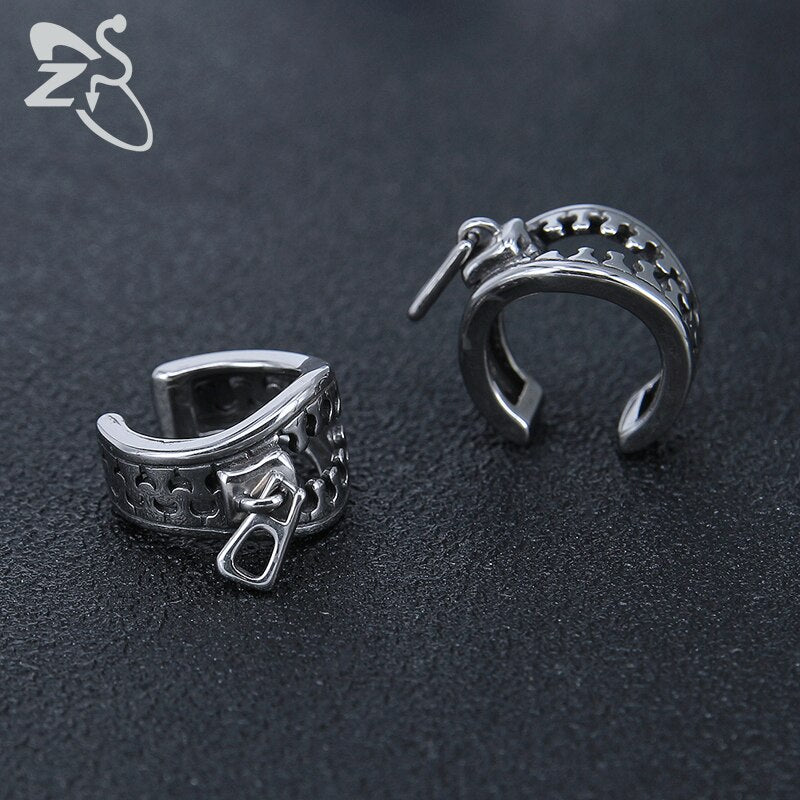 Punk Zipper Clip Earrings for Men Stainless Steel Jewelry Rock Roll