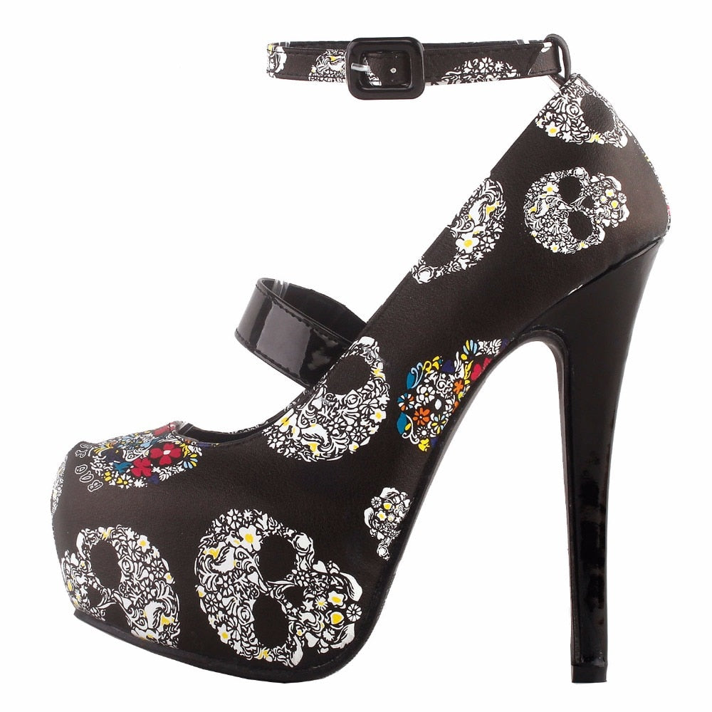 Women Sexy Skull Print Ankle Strap Platform Stiletto Heel Dress Pumps