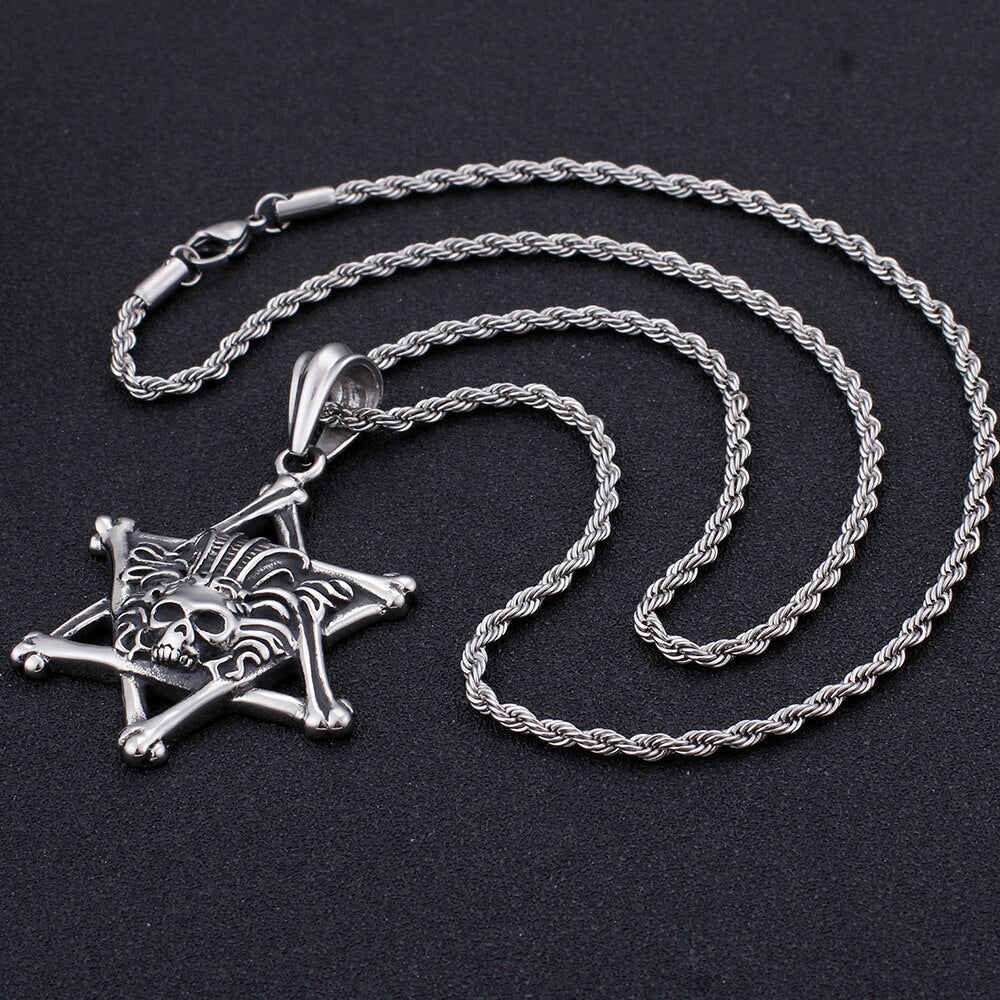 Rocker Gothic Skull & Star Necklace Men 60CM Long Chain