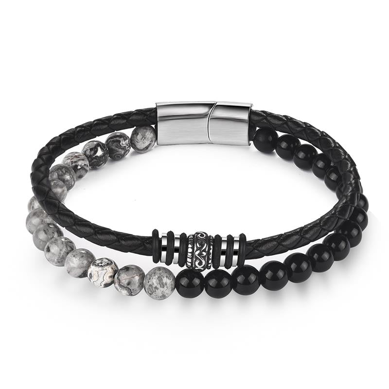 Charm Beads Leather Bracelet For Mens Jewelry Stainless Steel