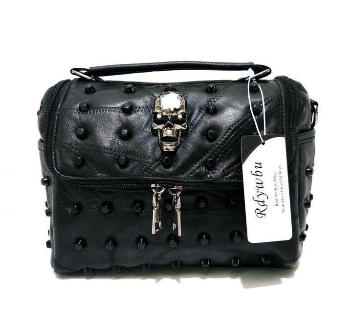 Women Real Split Sheep Leather Messenger Bag Rivet Skull
